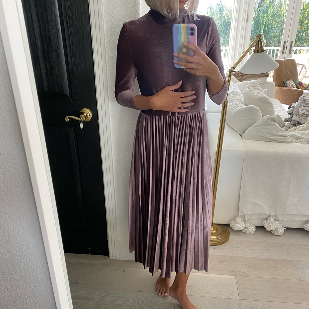 Mock neck purple midi dress